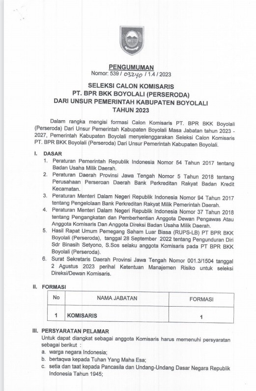 PENGUMUMAN SELEKSI KOMISARIS BPR BKK BOYOLALI DARI UNSUR PEMERINTAHAN KABUPATEN BOYOLALI TAHUN 2023